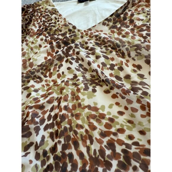 Leopard Print Ruched V-Neck Top By Cable & Gauge M/M Mesh Overlay & Puff Sleeves - Picture 4 of 8